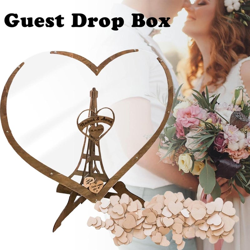 ويوبلز بديل لدفتر ضيوف حفل الزفاف | دفتر توقيعات زفاف خشبي على شكل قلب | ديكورات دفتر توقيعات زفاف ريفية بإطار متدلي مع 60 قلبًا خشبيًا صغيرًا - Image 2